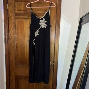 Vintage Black Slip Dress with Slit and Lace Details